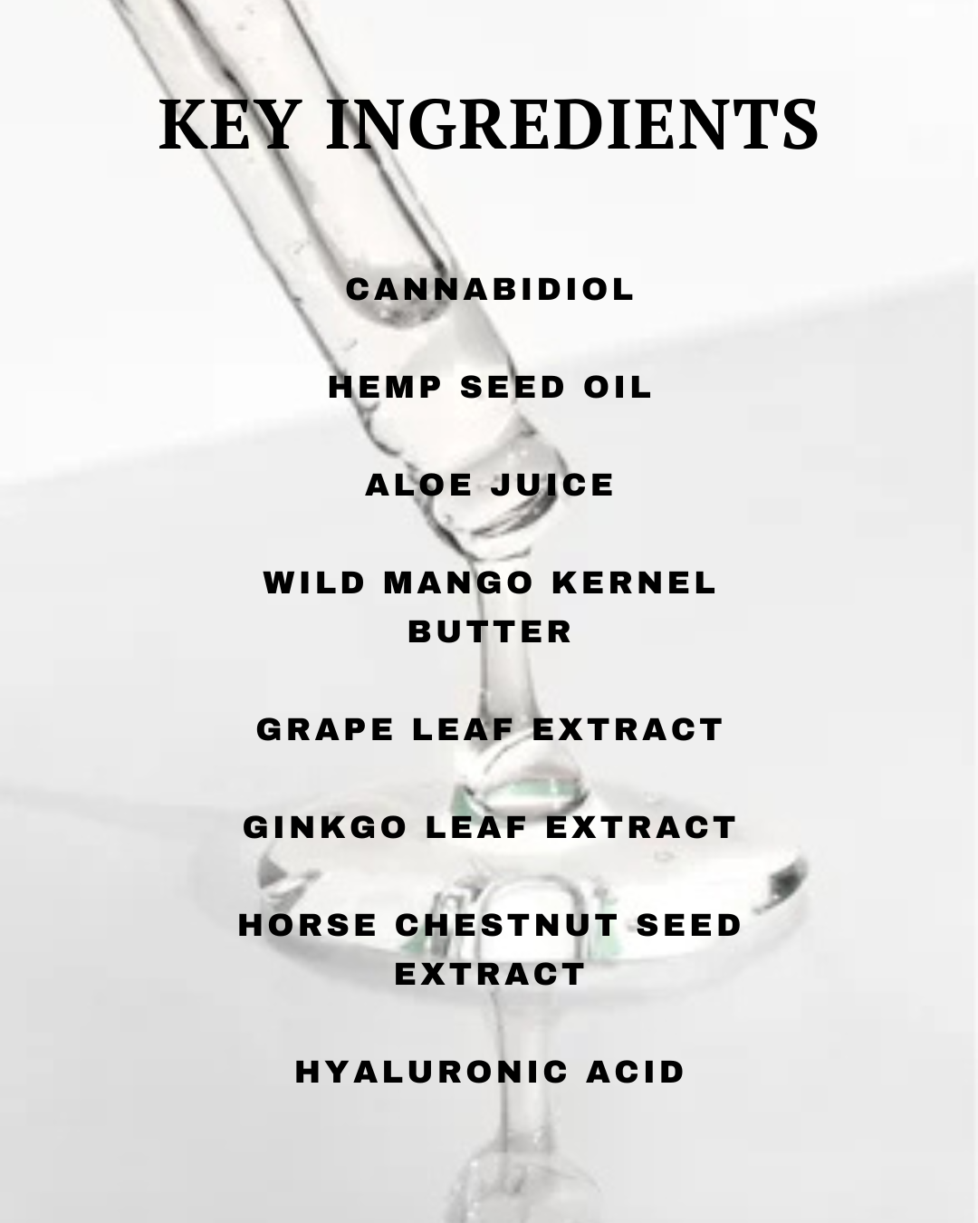 List of key ingredients with a close-up of a dropper bottle on a white background
